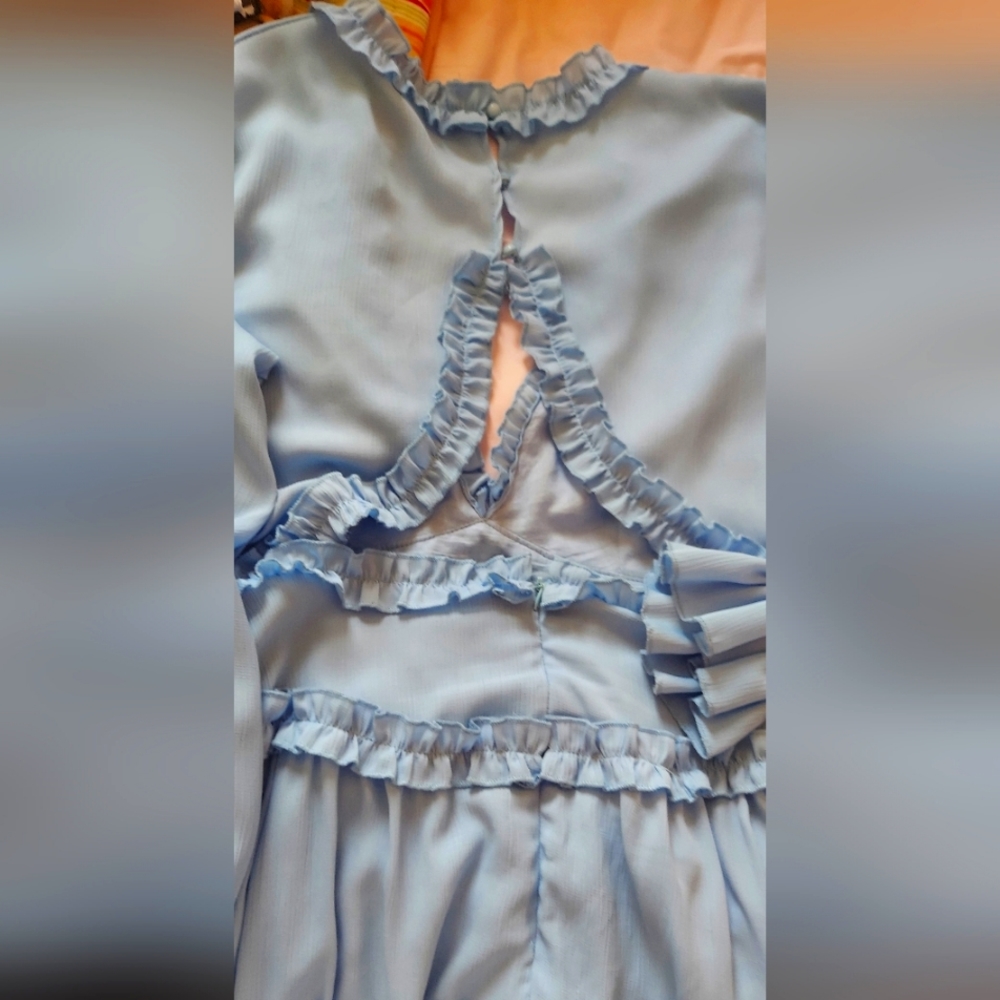 Free people, light blue, ruffled, "chiffon" dress. M. Polyester/Spandex.
